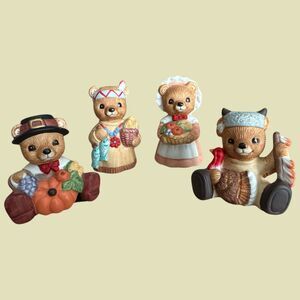 HOMCO #1413 Thanksgiving Bears Figurines Set of 4 Pilgrim Harvest Turkey Fall